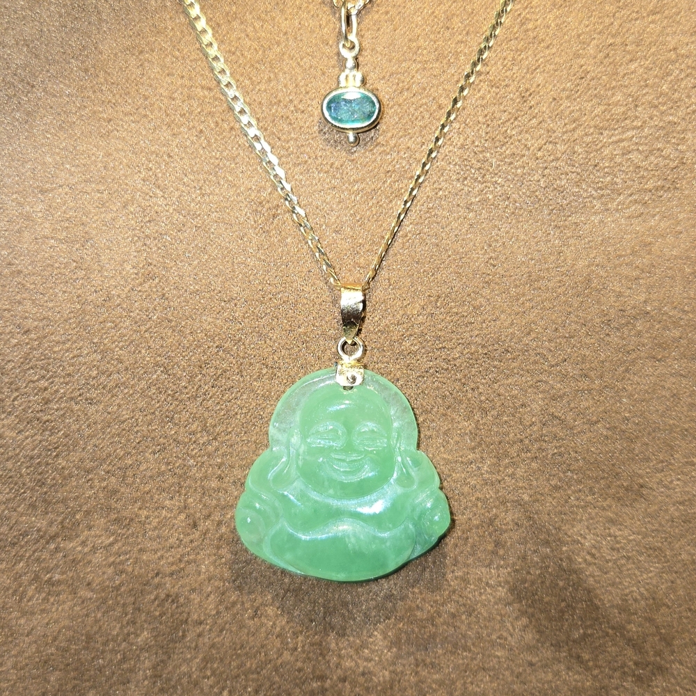 Genuine Green Jade Buddha Pendant with 14KYG Bale
